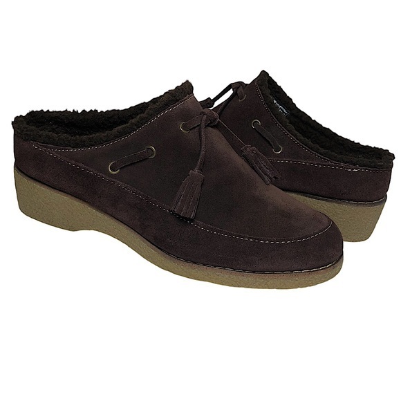 Lands' End Shoes - Lands' End Women's Leather Chalet Tassel Fur Lining Brown Mules Clogs 8B
